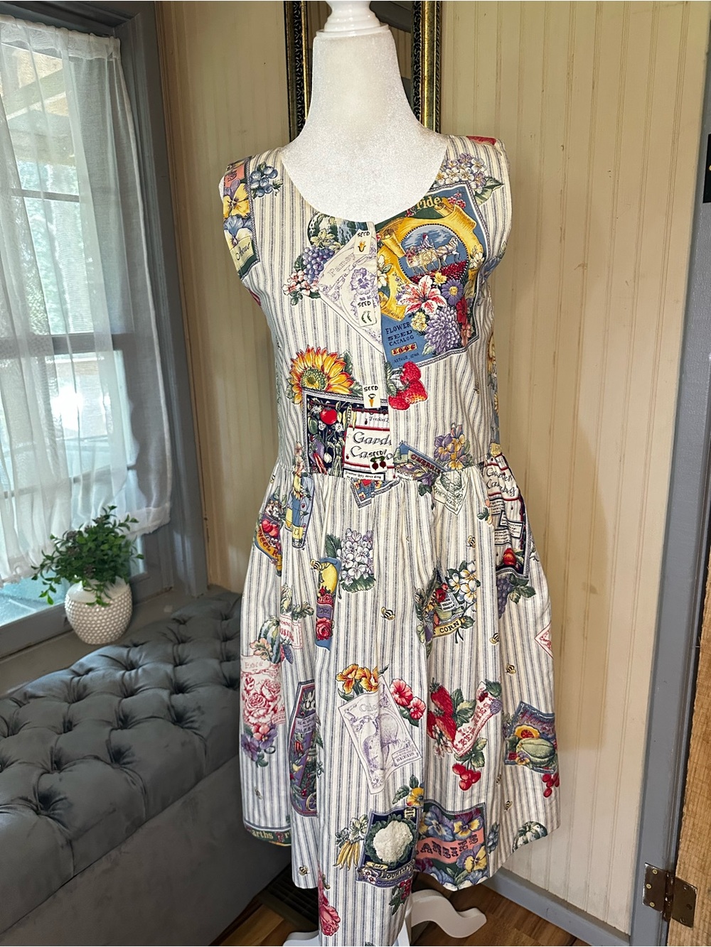 Handmade Garden Seed Packet Print Dress Women’s Small Cottagecore Floral USA